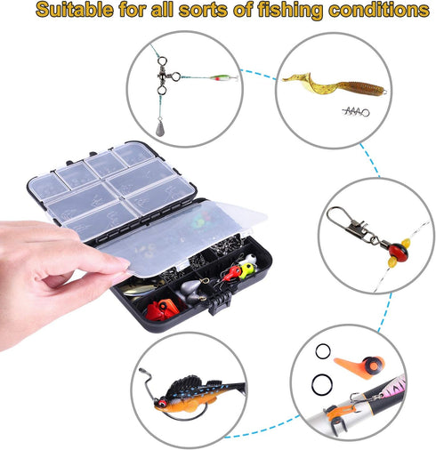 TOPFORT 187/343pcs Fishing Accessories Kit with Tackle Box, Includes Hooks, Weights, and Snaps