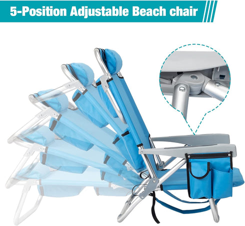Kcelarec Backpack 5 1-Low Folding Beach Chair with Positions, Carry Handle, Storage Pouch, Cup Holder,Outdoor Reclining