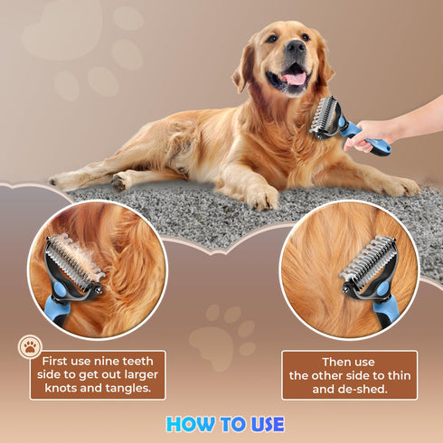Undercoat Rake for Dogs & Cats, Dematting Comb with Double-Sided Stainless Steel Teeth for Detangling & Deshedding