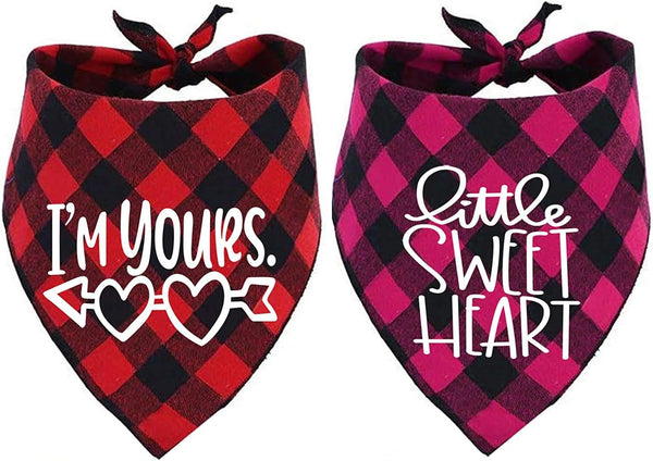 Pack of 2 Dog Bandana, Valentines Day Reversible Buffalo Plaid Triangle Bibs Pet Scarf