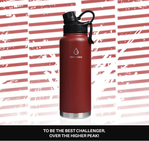 Insulated Sports Water Bottle with Straw Lid, 3 Lids, 40 Oz, Brick Red, Dishwasher Safe & BPA Free
