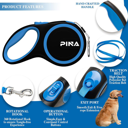 PINA Retractable Dog Leash, 26ft for Small Medium Large Dogs up to 110lbs, 360° Tangle-Free with Anti-Slip Handle