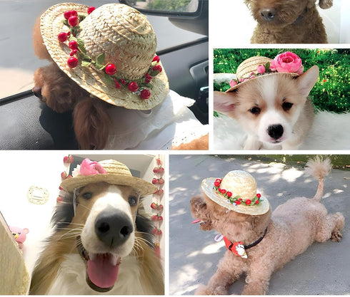 NACOCO Cat Hat Sunflower Straw Hat, Handcrafted Rose Sun Cap Accessories for Small Dogs and Cats (M, Pink)