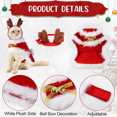3 Pieces Christmas Pet Costumes Outfit Set Includes Puppy Cat Cloak with Star and Pompoms Kitten Dog Antlers Headband Pet Reindeer Headwear Cat Santa Cape with Bell Pet Costume Accessories (Large)