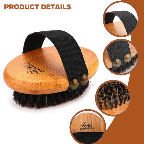 Bamboo Grooming Palm-Held Brush for Pets, Boar Bristles & Elastic Band for Dog Cat Shower and Massage
