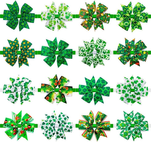 32pcs St. Patrick's Day Dog Collar Bows Ties, Adjustable Holiday Green Basic Dog Collars, Bulk Clover Lucky Pattern