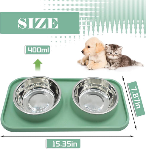 Double Dog Food Bowls Stainless Steel with No Spill Non Skid Silicone Mat Removable Dog Water and Food Bowls Set Durable Feeding Bowls for Small Dogs Puppy Cat Kitten(Blue)