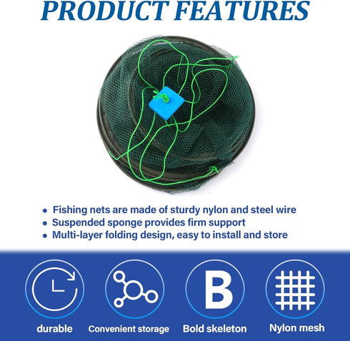 Compact Foldable Crab Fishing Net & Basket for Minnows, Crawfish, and Shrimp