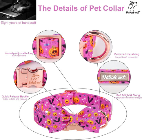 Halloween Boy Dog Collar Bow Tie - Thick Purple Pumpkin Collar with Safety Metal Buckle, Adjustable for Small to Large