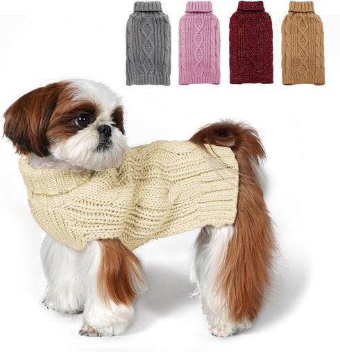 KYEESE X-Large Dog Sweaters for Medium Dogs, Beige Turtleneck Cable Knit Pullover for Cold Weather