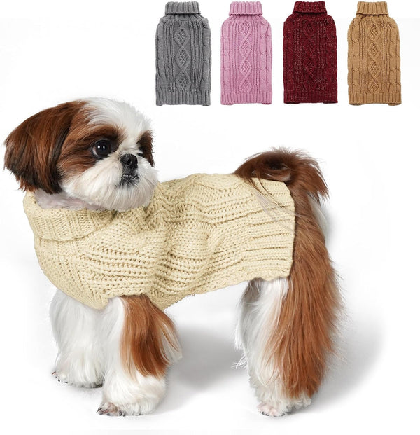 KYEESE X-Large Dog Sweaters for Medium Dogs, Beige Turtleneck Cable Knit Pullover for Cold Weather