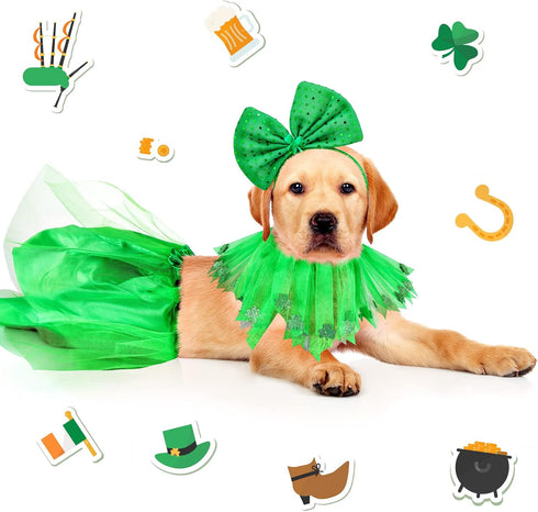 Weewooday 3 Pieces St. Patrick's Day Dog Costume, Mardi Gras Girl Dog Tutu Skirt and Bowtie Headband for Small Puppy