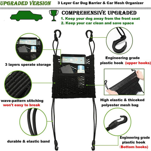 DYKESON Pet Barrier Dog Car Net Barrier, Auto Safety Mesh Organizer for Cars, SUVs, Easy Install, 3 Layer