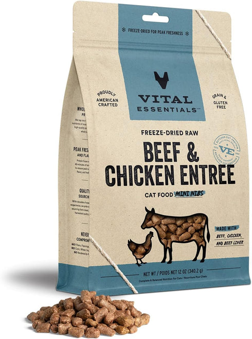 Freeze Dried Raw Cat Food by Vital Essentials, Beef & Chicken Mini Nibs Entree, 12 oz