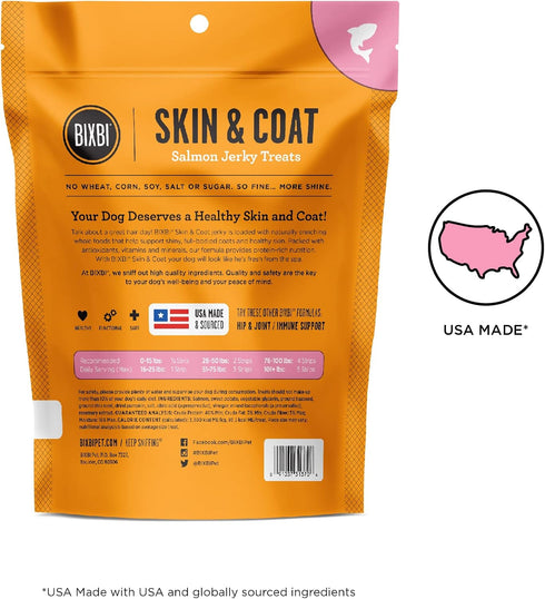 4 oz BIXBI Skin & Coat Support Salmon Jerky Dog Treats, - USA Made Grain Free Dog Treats - Antioxidant Rich to Support