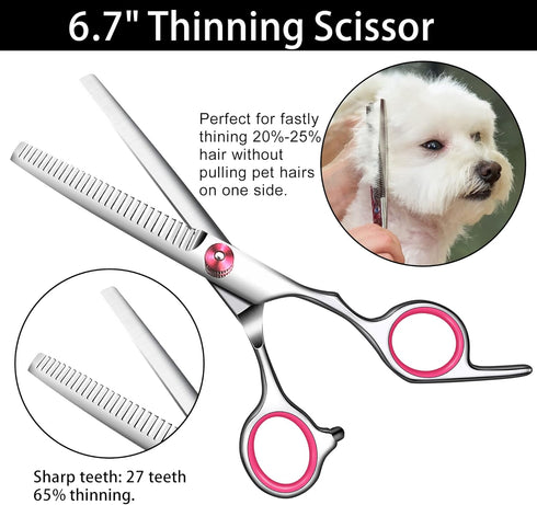 wikdey Dog Grooming Scissors with Safety Round Tip Pet Grooming scissors Kit Dog Shears kit Incudes Thinning Curved