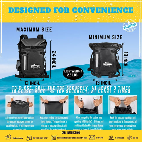 TACTIKO 30L Heavy-Duty 100% Waterproof Backpack - Marine Roll Top Floating Dry Bags for Hiking, Jet Black