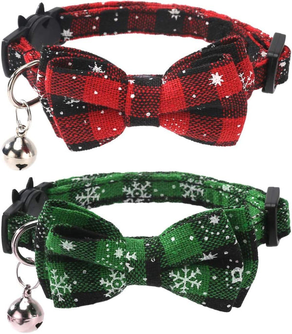 Lamphyface 2 Pack Christmas Cat Collar with Breakaway Bow Tie and Bell, Adjustable Safety Plaid for Kitty