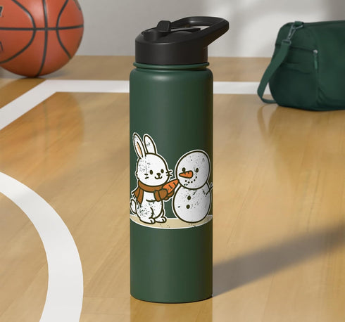 bunny snowman carrot winter cute wintertime Bunny Building Snowman With Carrot Stainless Steel Insulated Water Bottle