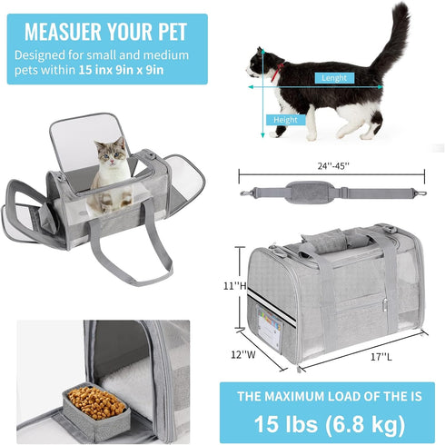 15 Lbs, Soft Sided Cat Carrier for Small Cats Puppies up to Airline Approved Pet Carrier Collapsible Travel Puppy