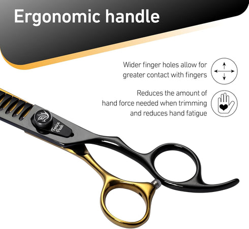Fenice Peak 7'' Black Dog Grooming Scissors - Golden Chunker Blending Shears with Ergonomic Offset Handle
