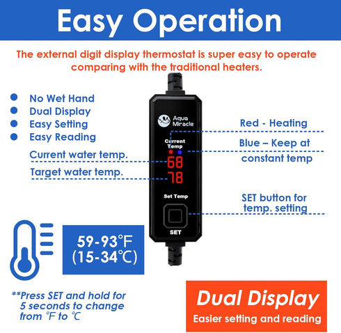AquaMiracle Upgraded 100W Small Aquarium Heater with Dry-Run Protection and Dual LED Display for 10-20 Gal