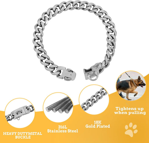 BAOBOTE 15MM Silver Stainless Steel Dog Collar with Cuban Link Heavy Duty Chew Proof Training Collar (26" Silver)