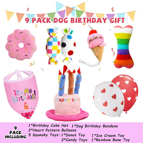 Dog Birthday Toys - Happy Birthday Gift for Dogs, Squeaky Plush Cake Hat Bandana for Small & Medium Dog Birthday Party