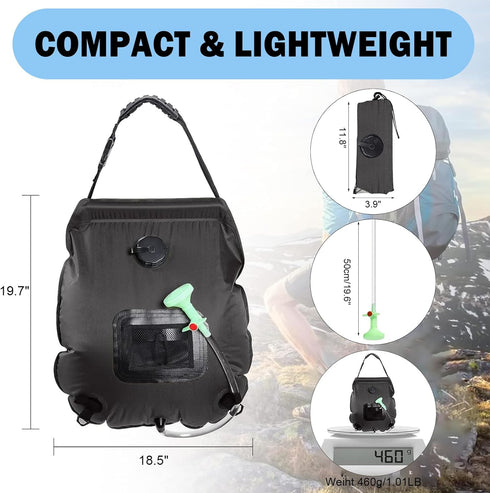 Solar Shower Bag, 5 Gal/20L Solar Heating Camping Shower Bag, Removable Hose, On-Off Switchable Shower Head