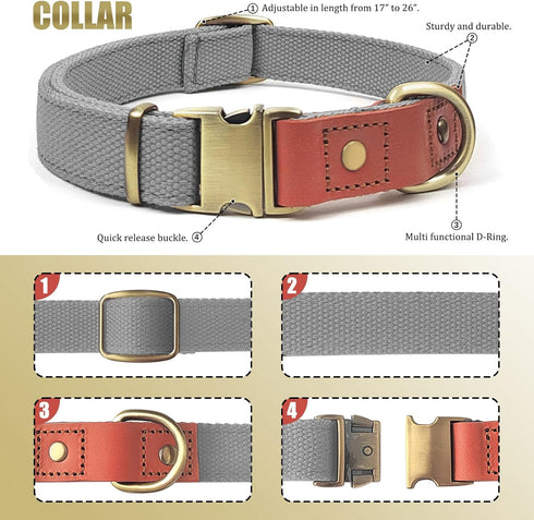 QRDA Dog Collar and Leash Set Silver Gray Adjustable Durable Nylon Pet Collars with Leashes Tactical Dog Leash Breakaway Dog Collar for Small/Medium/Large Dog