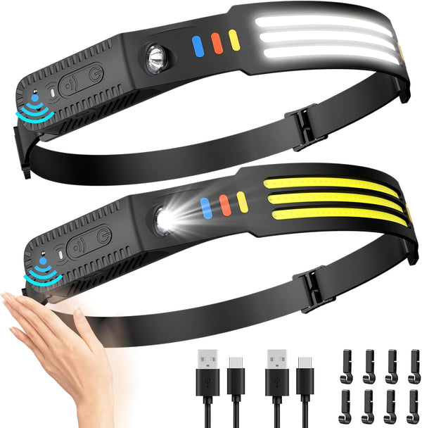 Lsnisni Headlamp Rechargeable 2Pack, 230° Wide Beam LED Head Lamp with Motion Sensor, Waterproof for Hiking, Camping