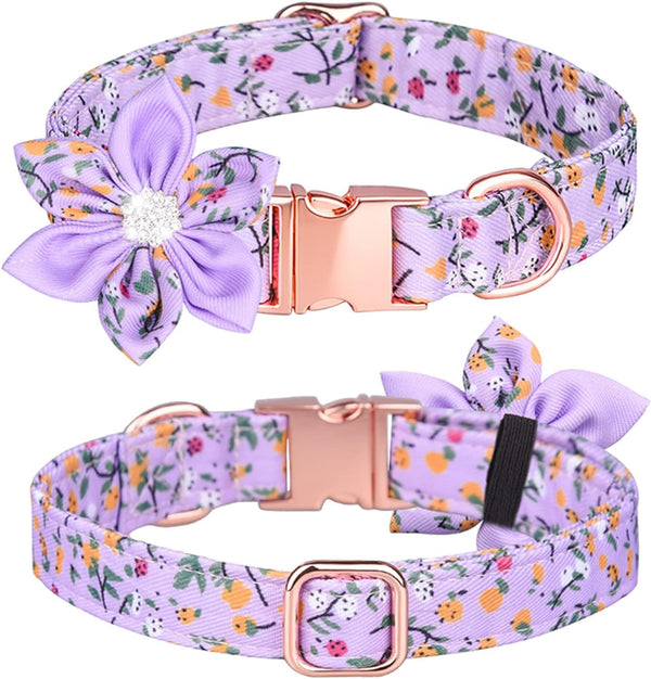 Dog Collar with Rhinestone Flower, Cute Floral Pattern for Female Dogs, Detachable Rhinestone Flower, Purple Flowers, M
