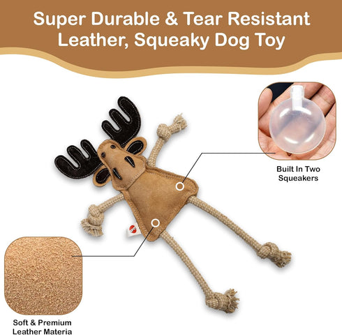 SPOT Dura-Fused Leather Forest Animals Dog Toy with Squeaker and Rope Limbs, 14in, Assorted Styles