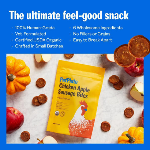 PetPlate Chicken Apple Sausage Bites, Human Grade Dog Treats, All Life Stages, Grain-Free, High Protein, 4.5 Ounce