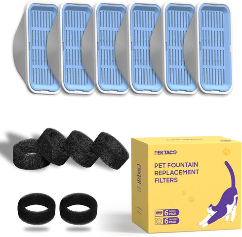 3.2L/108oz 6 Pack 6 PEKTACO Cat Water Fountain Replacement Filters & Pre-Filter Sponges for Automatic Pet Fountain, Dog