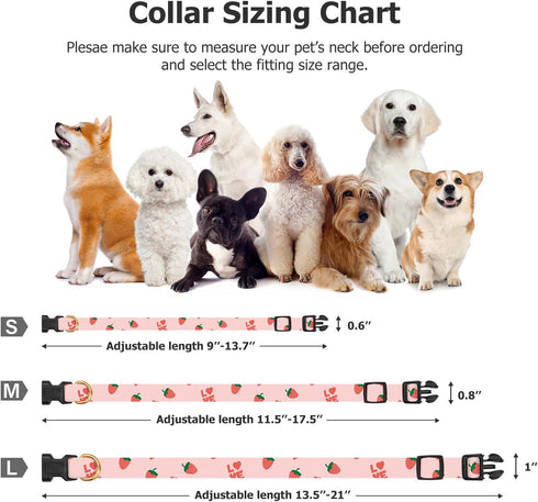 Cotton Handmade Dog Collar, Cute Pink Strawberries with Pendant for Small, Medium, and Large Dogs, Ideal for Girl and