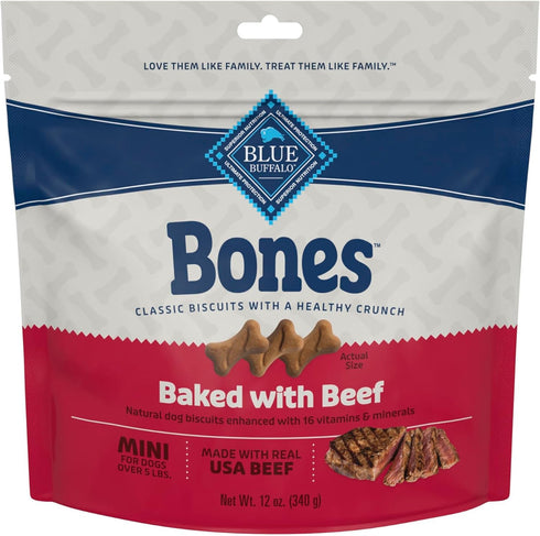 Blue Buffalo Bones Natural Crunchy Dog Treats Mini Dog Biscuits Beef, 12oz.