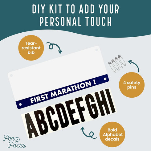 First Marathon Name Bib Kit GET PERSONALIZED CHEERS- Race Bib with Alphabet Decals & Safety Pins Add-Your-Name Running