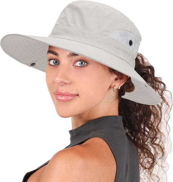 Women's Packable Summer Sun Hat, Wide Brim Outdoor UV Protection Bucket Hat with Ponytail Hole