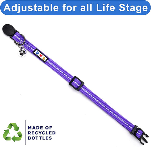 Pawtitas Recycled Cat Collar - Reflective Breakaway Collar with Safety Buckle and Removable Bell, Purple Quartz
