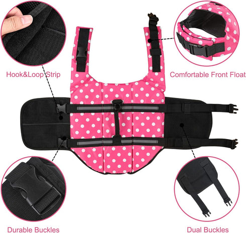 HAOCOO Dog Life Jacket Vest Saver, Safety Swimsuit Preserver, Pink Polka Dot, XXS