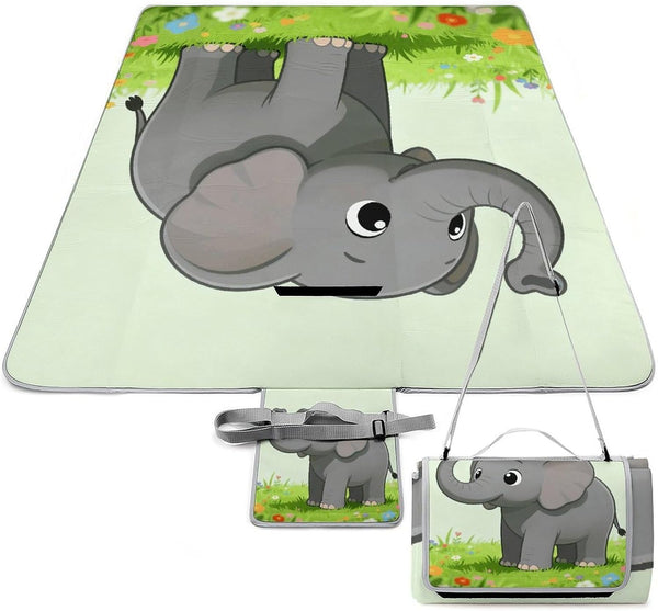 LZQPOEAS Elephant with Gray Picnic Blanket Outdoor, Square Foldable Lightweight Waterproof Beach Mat