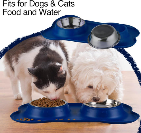 Dog Bowls, 2 Stainless Steel Bowls for Pet Water and Food, Non Spill Skid Resistant Silicone Mat