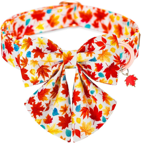 Fall Dog Collar with Bow Tie - Durable Adjustable Colorful Cotton Pet Collar for Small Medium Large Dogs, L