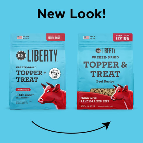 BIXBI Liberty Freeze Dried Dog Food Topper + Treat, Beef Recipe, 4.5 oz, 98% Meat, No Fillers, USA Made