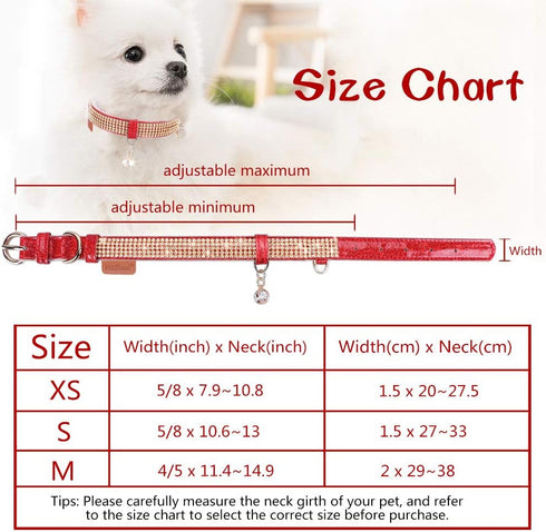 PetsHome Adjustable Cat and Dog Collar, Bling Rhinestones, Premium PU Leather with Pendant, Medium Red