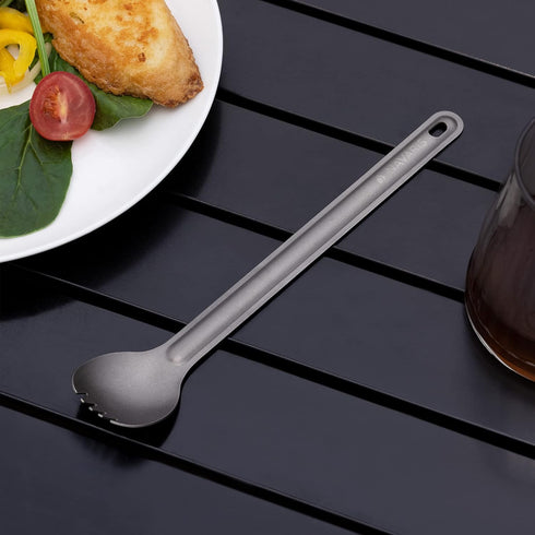 Navaris Long Handle Titanium Spork and Spoon - 8.4" (21.5cm) Long Metal Cutlery Set for Backpacking and Camping - Strong Lightweight - Includes Bag by Navaris