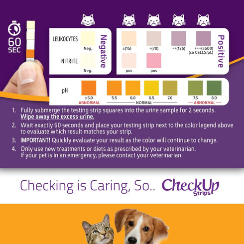CheckUp Cat and Dog UTI Urine Test Strips, 3 Parameters CheckUp in 1 - pH, Nitrite and Leukocytes Levels x50