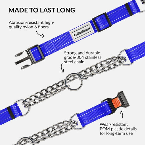 CollarDirect Martingale Dog Collar with Stainless Steel Chain, Reflective Quick Release Buckle for Medium Dogs, Blue
