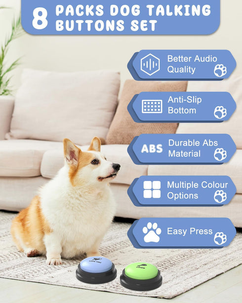 Dog Buttons for Communication, 8 Dog Talking Button Set, 30s Recordable Voice Pet Buzzer Training Buttons